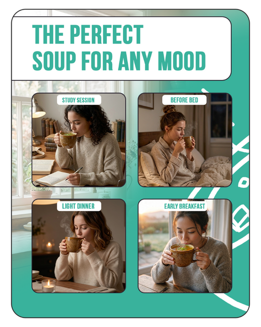 Promotional graphic for soup with images of a woman enjoying soup at different times of the day.