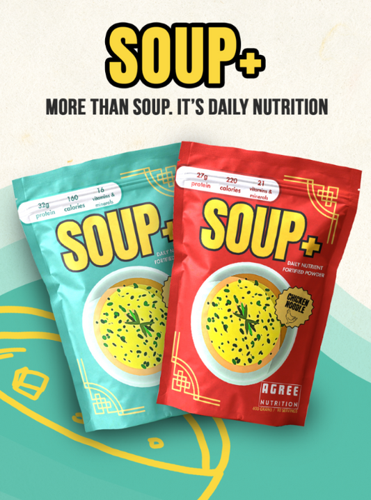 Two packages of 'SOUP+' on a light green background with text about daily nutrition.