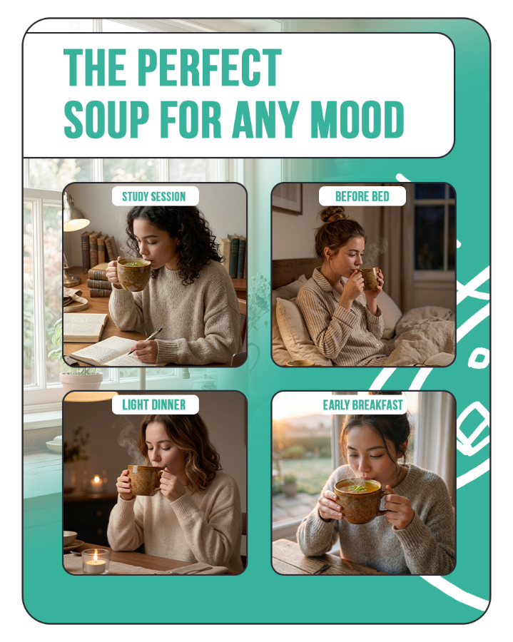 Promotional graphic for soup with images of a woman enjoying soup at different times of the day.